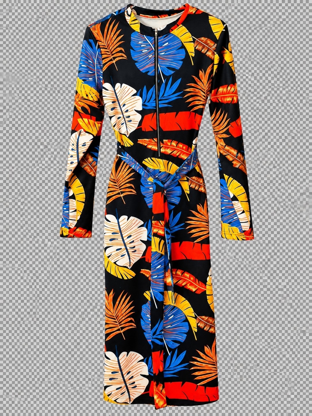 Tropical Leaf-Print Long Sleeve Midi Dress - Black with Blue, Red & Yellow